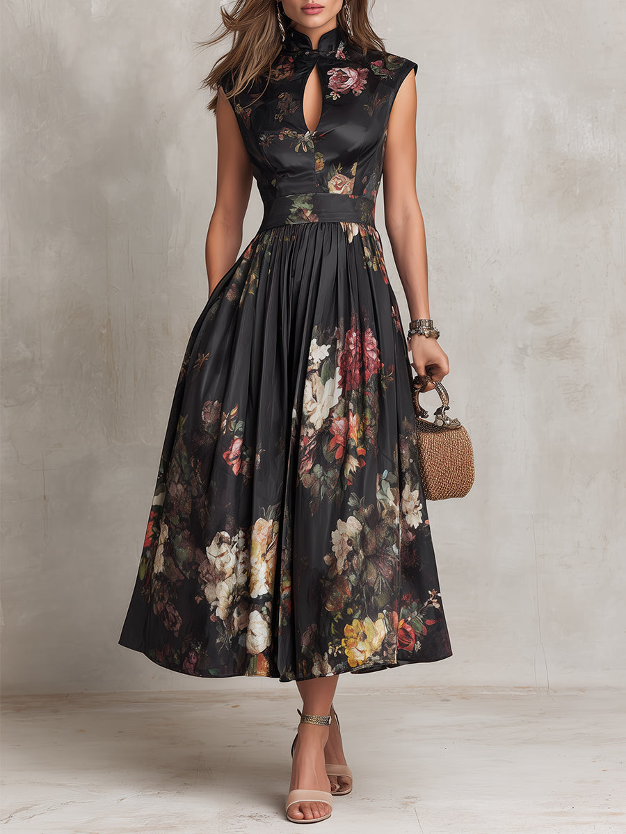 Sofia – Abito midi in satin pieghettato con collo a keyhole nero