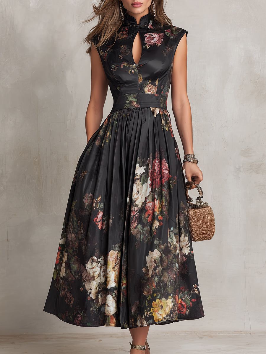 Sofia – Abito midi in satin pieghettato con collo a keyhole nero